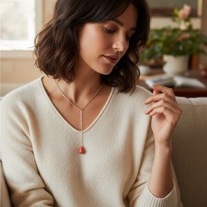 Silver-Tone Y Necklace with Red Stone Drop | Adjustable Lariat Style